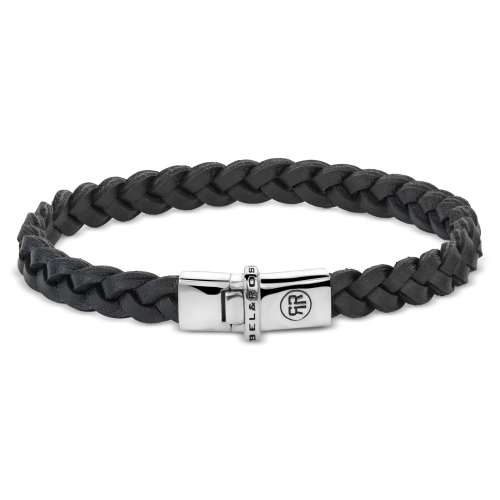 Pulsera de cuero trenzada negra con cierre plateado.