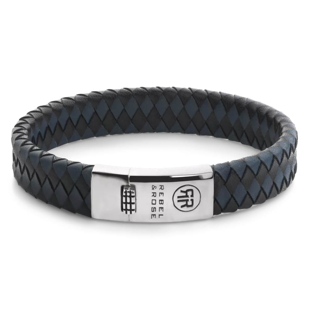 Pulsera trenzada plana de 925 en negro y azul con cierre de acero inoxidable.