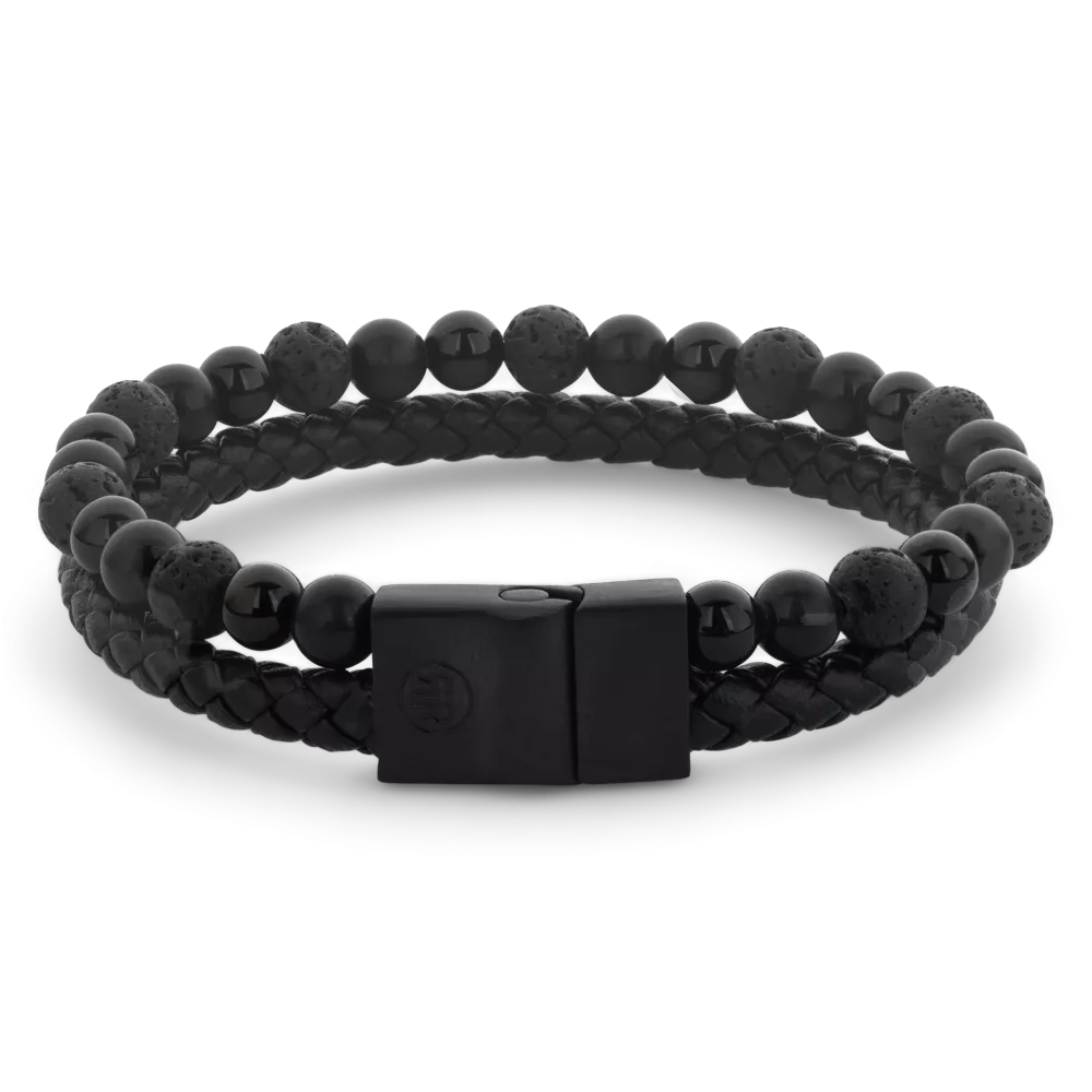 Pulsera de cuentas para hombre de 12 mm con piedras negras y trenzado de cuero negro.