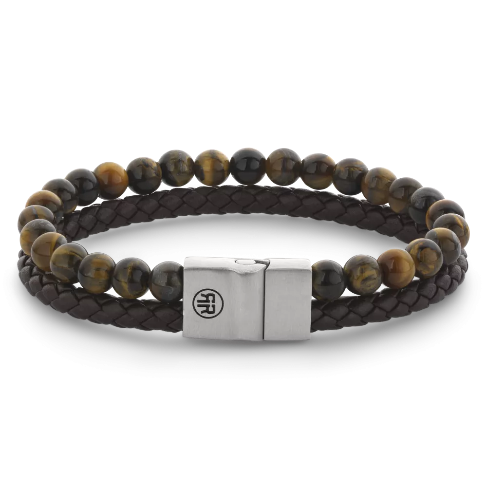 Pulsera de cuentas para hombre de 12 mm con piedras de ojo de tigre y trenzado marrón.