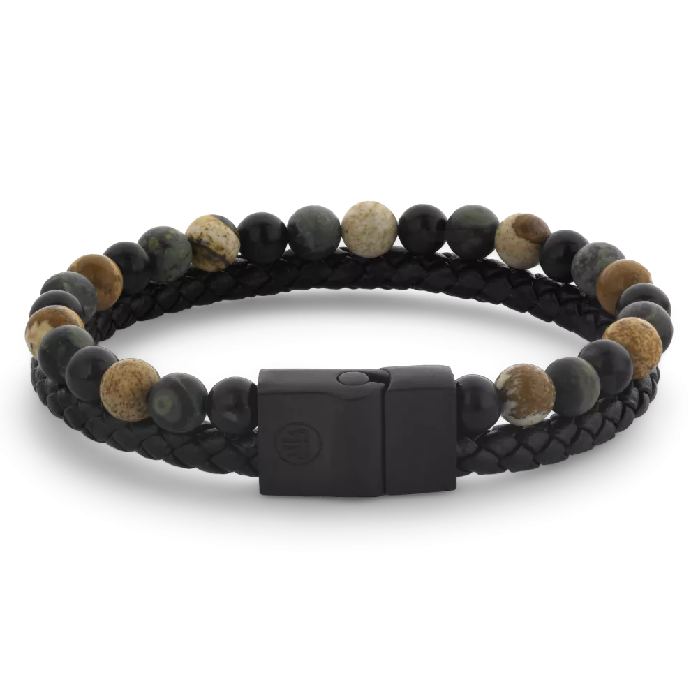 Pulsera de cuentas para hombre de 12 mm con piedras en tonos oscuros y trenzado negro.