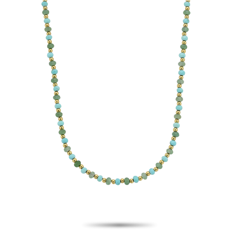 Collar de cuentas azules y verdes de 4 mm con detalles dorados.