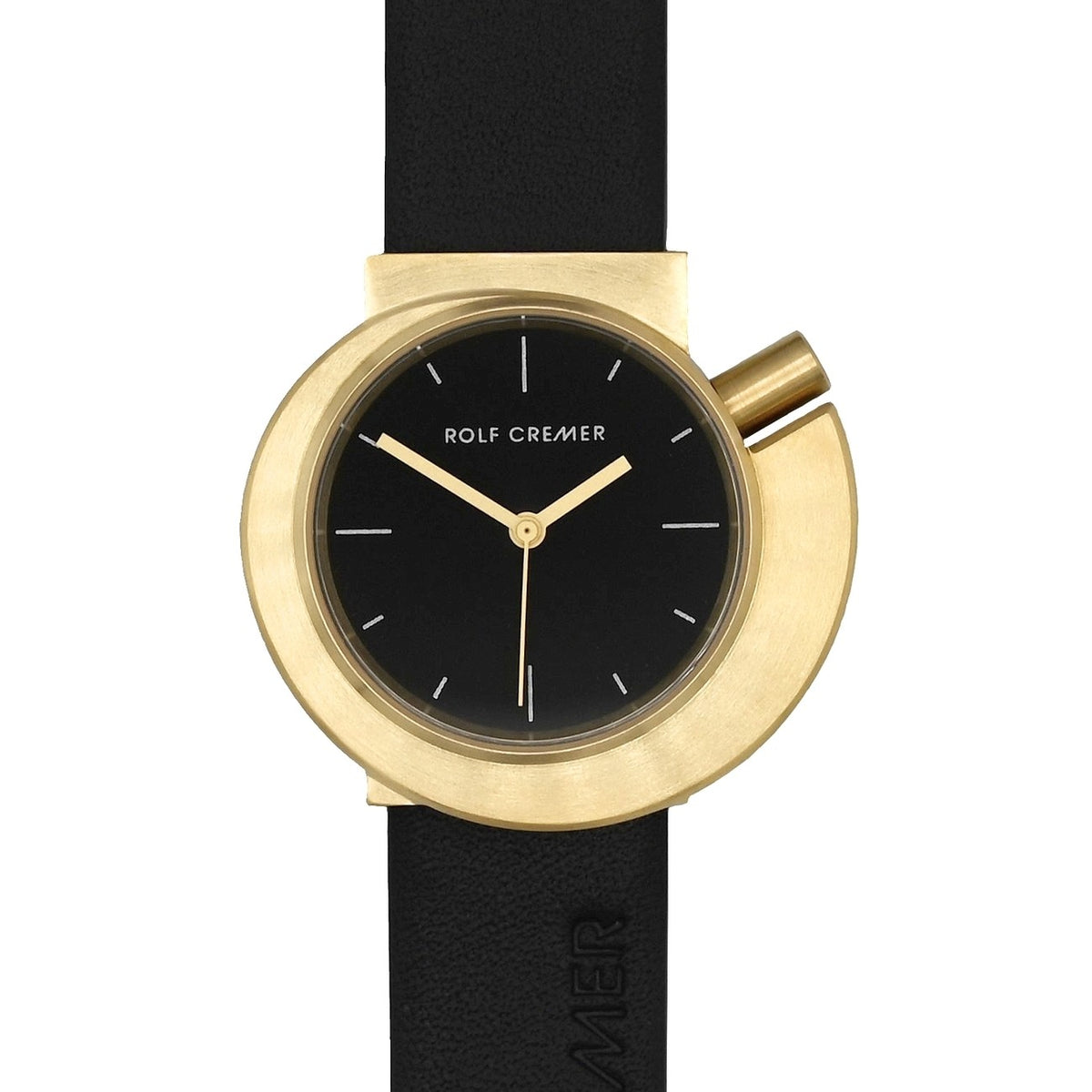Reloj con esfera negra y caja dorada, correa de cuero negro y diseño moderno.