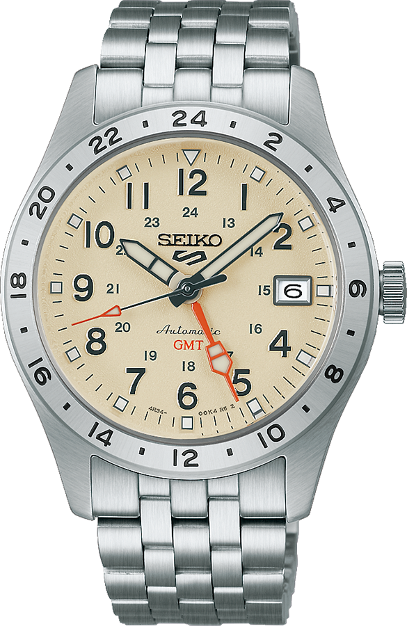 Reloj Seiko 5 Sport GMT con esfera beige, caja de acero inoxidable y correa de acero.