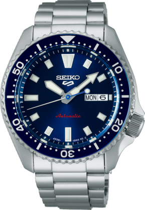 Reloj automático Seiko 5 Sports con esfera azul, caja de acero inoxidable y brazalete de metal.