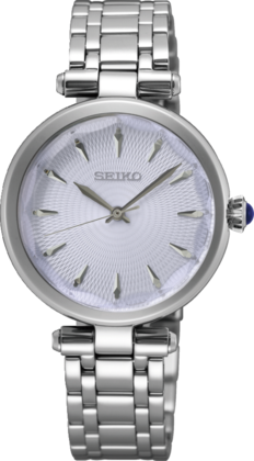 Reloj de dama Seiko con esfera plateada, correa de acero inoxidable y detalle en la corona azul.