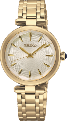 Reloj de mujer con caja dorada, esfera plateada con textura y correa de malla dorada.