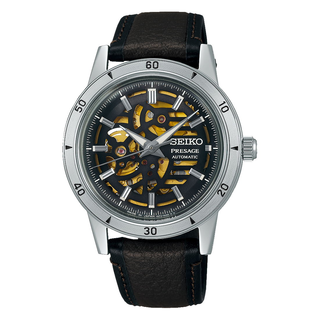 Reloj automático Seiko Presage con caja de acero inoxidable, esfera negra y correa de cuero marrón.