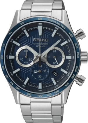 Reloj cronógrafo de acero con brazalete, esfera azul y detalles plateados, resistente hasta 100 metros.