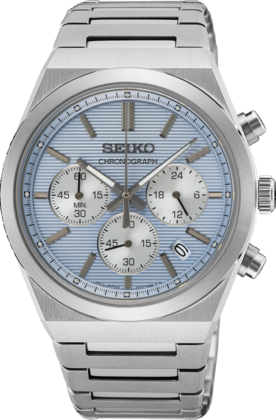 Reloj de hombre cronógrafo con esfera azul clara, caja de acero inoxidable y correa de acero.