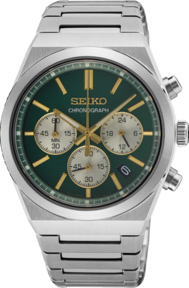 Reloj de hombre Seiko cronógrafo con caja de acero inoxidable, esfera verde y detalles dorados.
