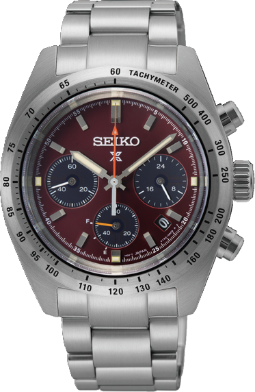 Reloj de hombre Seiko Solar con esfera burdeos, correa de acero inoxidable y cronógrafo.