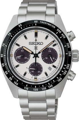Reloj cronógrafo de acero inoxidable con esfera blanca, tres subesferas negras y bisel negro.