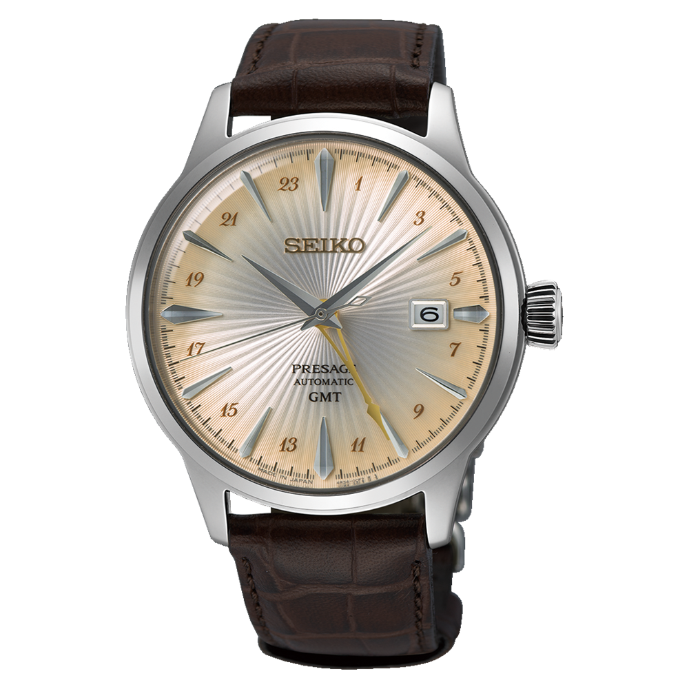 Reloj de hombre Seiko Presage con esfera dorada, correa de cuero marrón y detalles en plata.