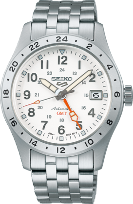 Reloj de hombre Seiko con esfera blanca, correa de acero inoxidable y detalles en naranja.