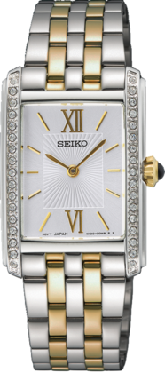 Reloj de dama Seiko con caja rectangular plateada y dorada, esfera blanca y detalles de cristales.