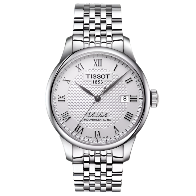 Reloj Tissot Le Locle Powermatic 80 con esfera plateada, números romanos y correa de acero inoxidable.