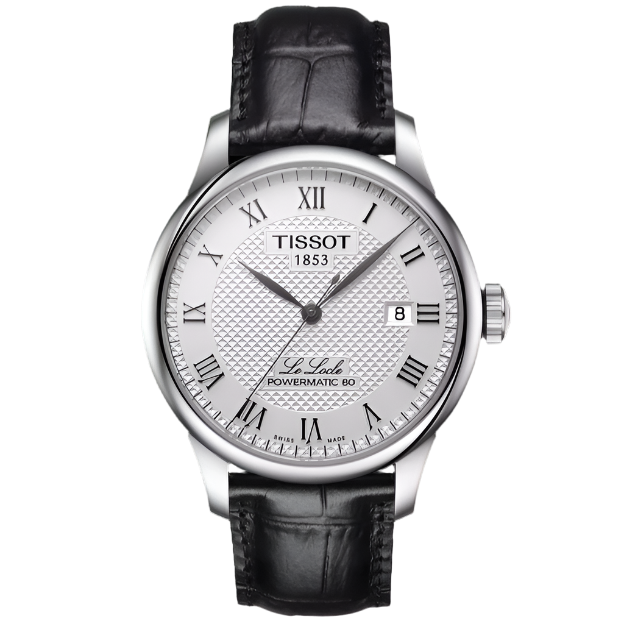 Reloj Tissot Le Locle Powermatic 80 con esfera plateada, números romanos y correa de cuero negra.