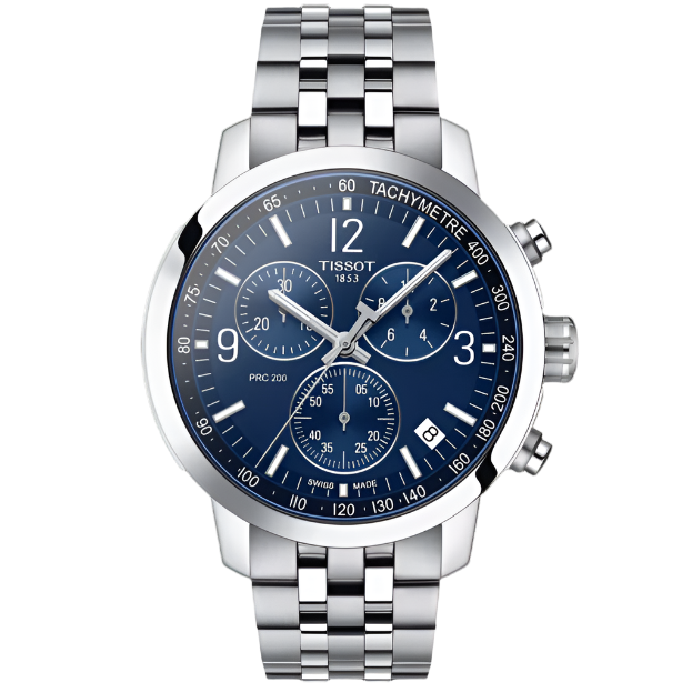 Reloj cronógrafo Tissot PRC 200 con esfera azul, caja de acero inoxidable y pulsera de eslabones.