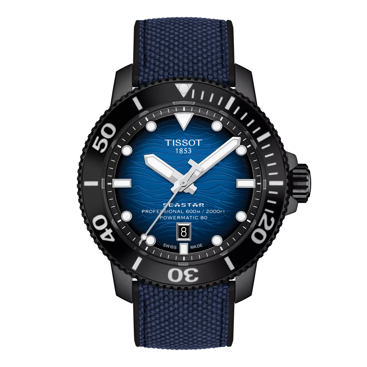 Reloj de buceo Tissot Seastar 2000 con esfera azul, caja negra y correa de tela azul.