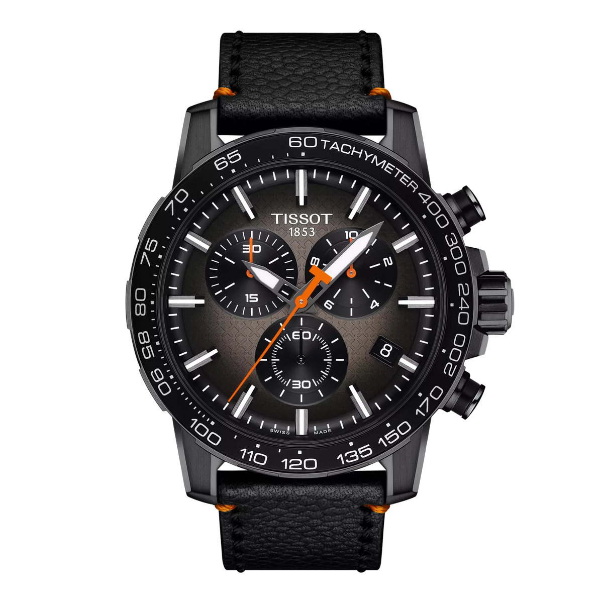Reloj cronógrafo negro con correa de piel, detalles en naranja y esfera con tres subesferas.