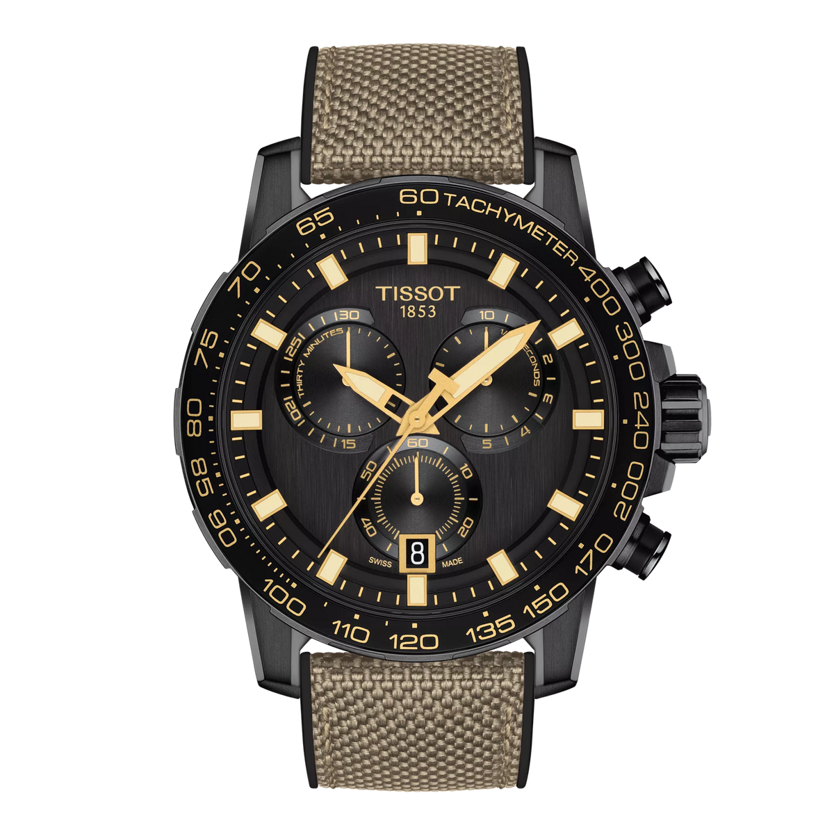 Reloj cronógrafo Tissot de esfera negra, correa de tela en tonos beige y detalles dorados.