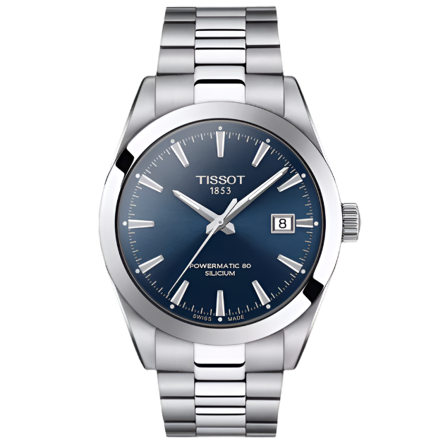 Reloj de acero inoxidable con esfera azul, manecillas plateadas y fecha en la caja.