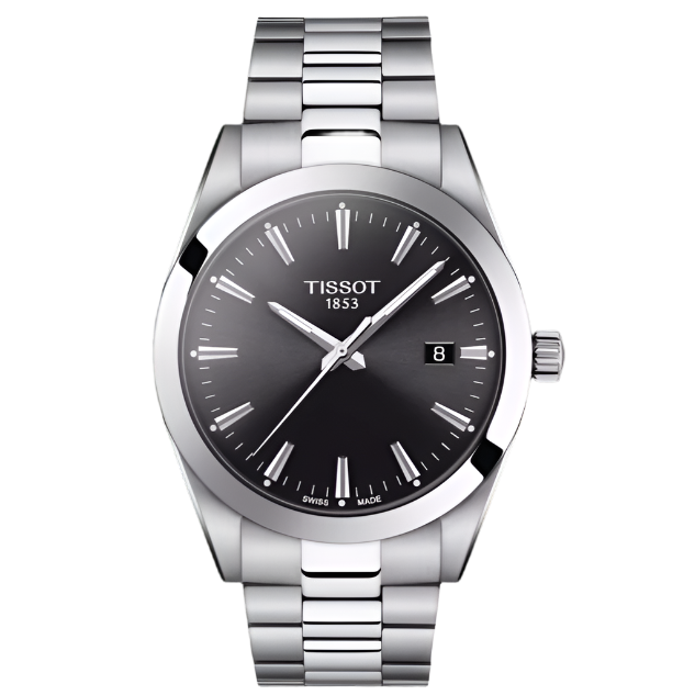 Reloj Tissot de acero inoxidable con esfera negra y correa de eslabones, detalle de fecha a las tres.