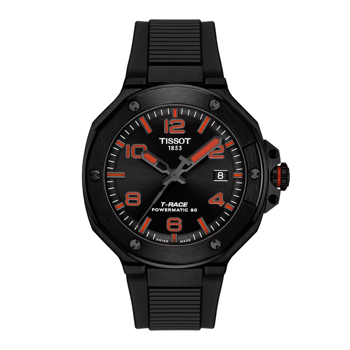 Reloj Tissot T-Race Powermatic 80 con esfera negra, detalles en rojo y correa de goma negra.