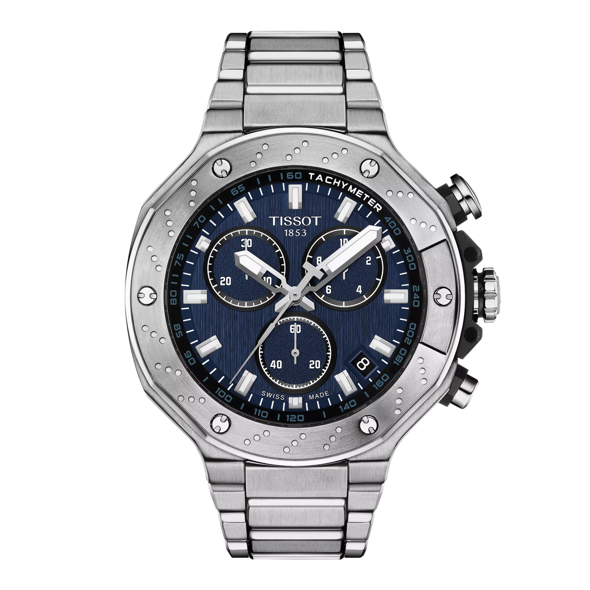 Reloj cronógrafo Tissot T-Race con caja de acero inoxidable, esfera azul y correa de acero.