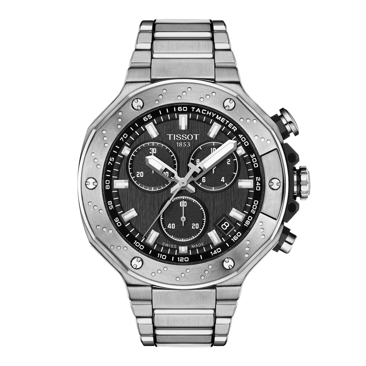 Reloj cronógrafo Tissot T-Race con caja de acero inoxidable, esfera negra y correa de acero.