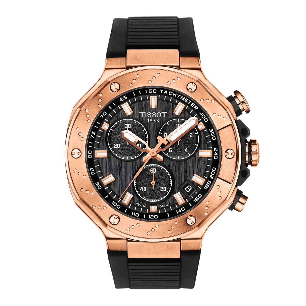 Reloj cronógrafo Tissot T-Race con caja de acero rosa, esfera negra y correa de goma negra.