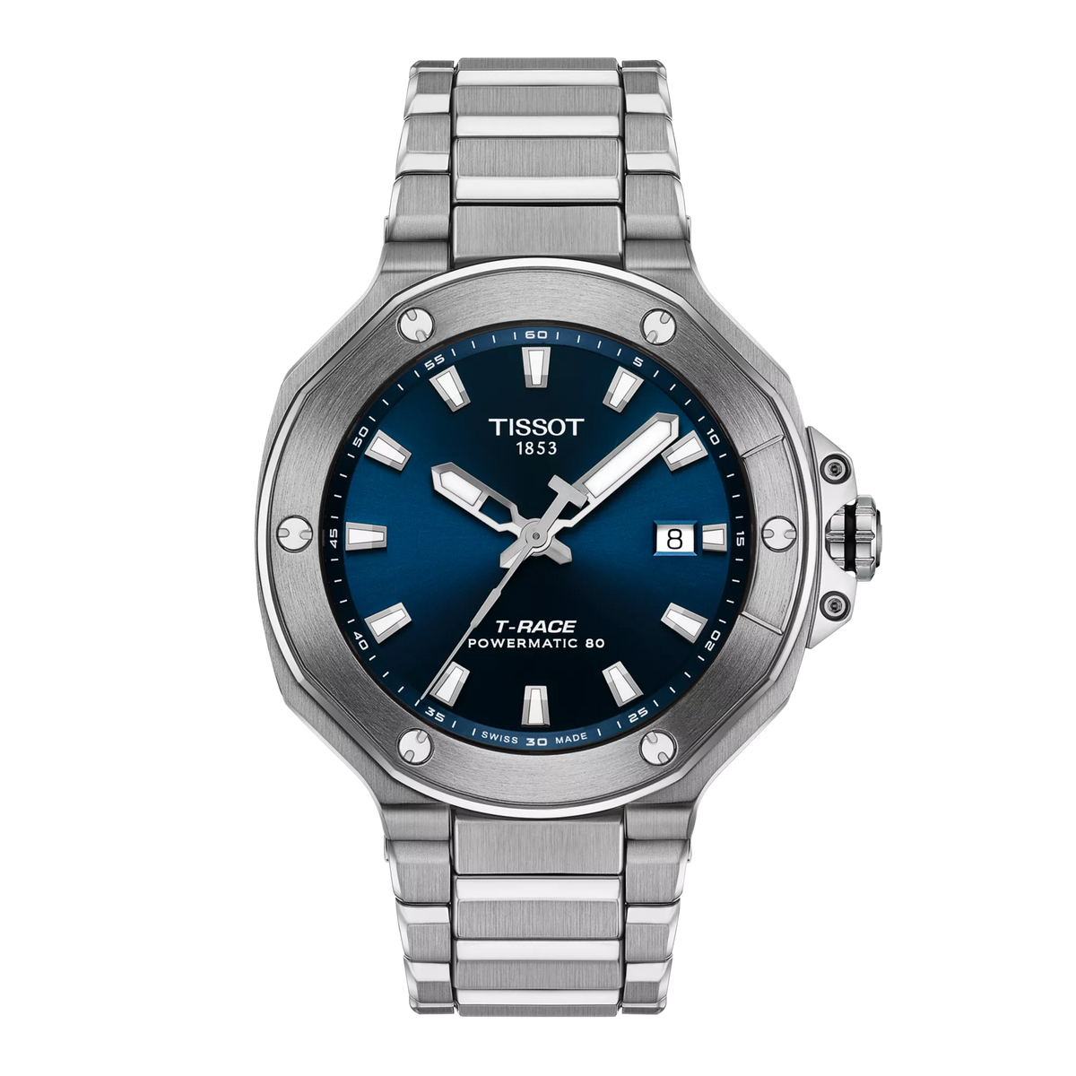 Reloj Tissot T-Race Powermatic 80 de 41 mm con esfera azul y correa de acero inoxidable.