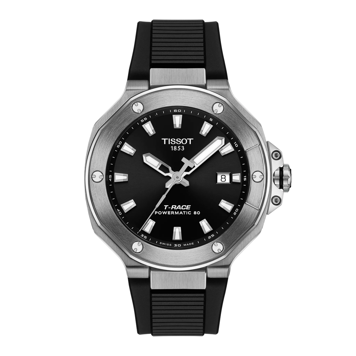 Reloj Tissot T-Race Powermatic 80 de 41 mm con esfera negra, caja de acero inoxidable y correa de goma negra.