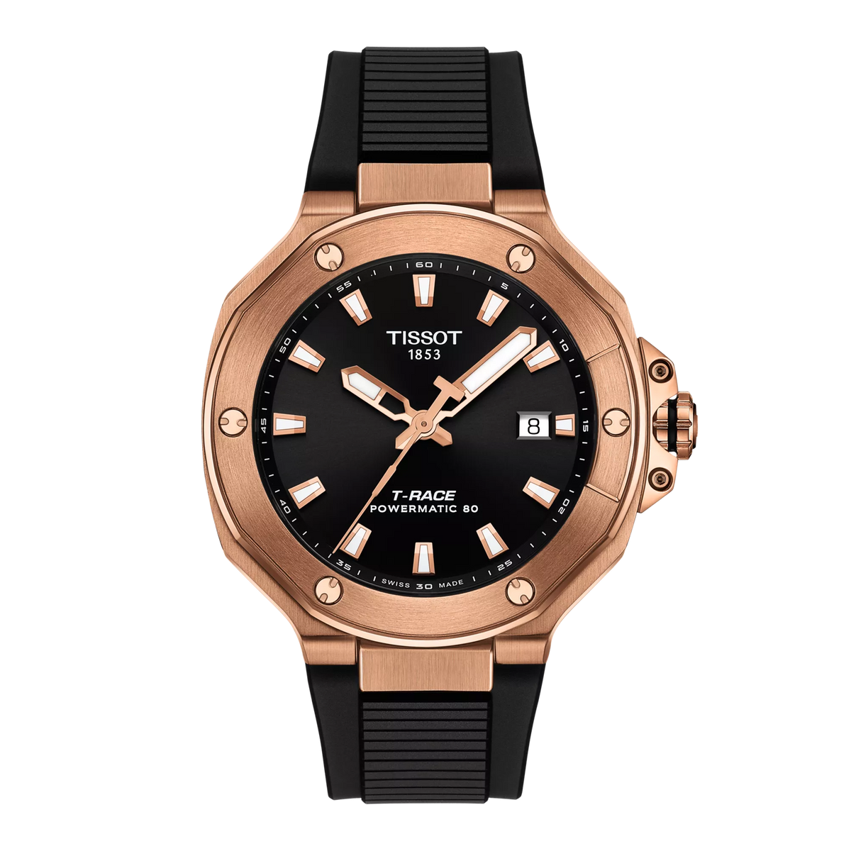 Reloj Tissot T-Race Powermatic 80 de 41 mm con caja de acero rosa, esfera negra y correa de caucho.