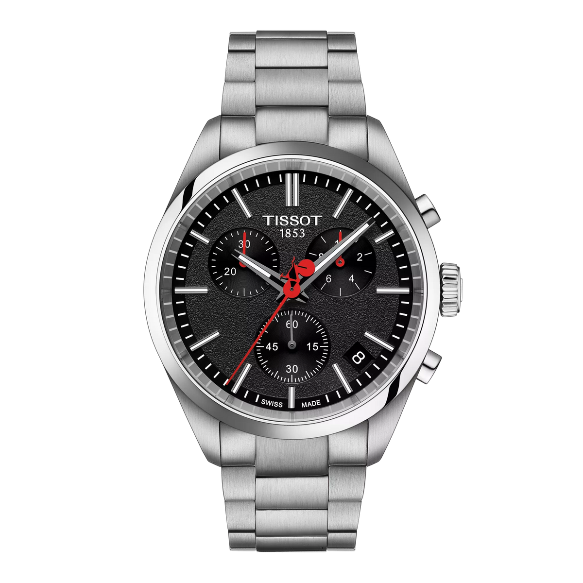 Reloj Tissot PR 100 Vuelta con caja de acero inoxidable, esfera negra y detalles rojos.