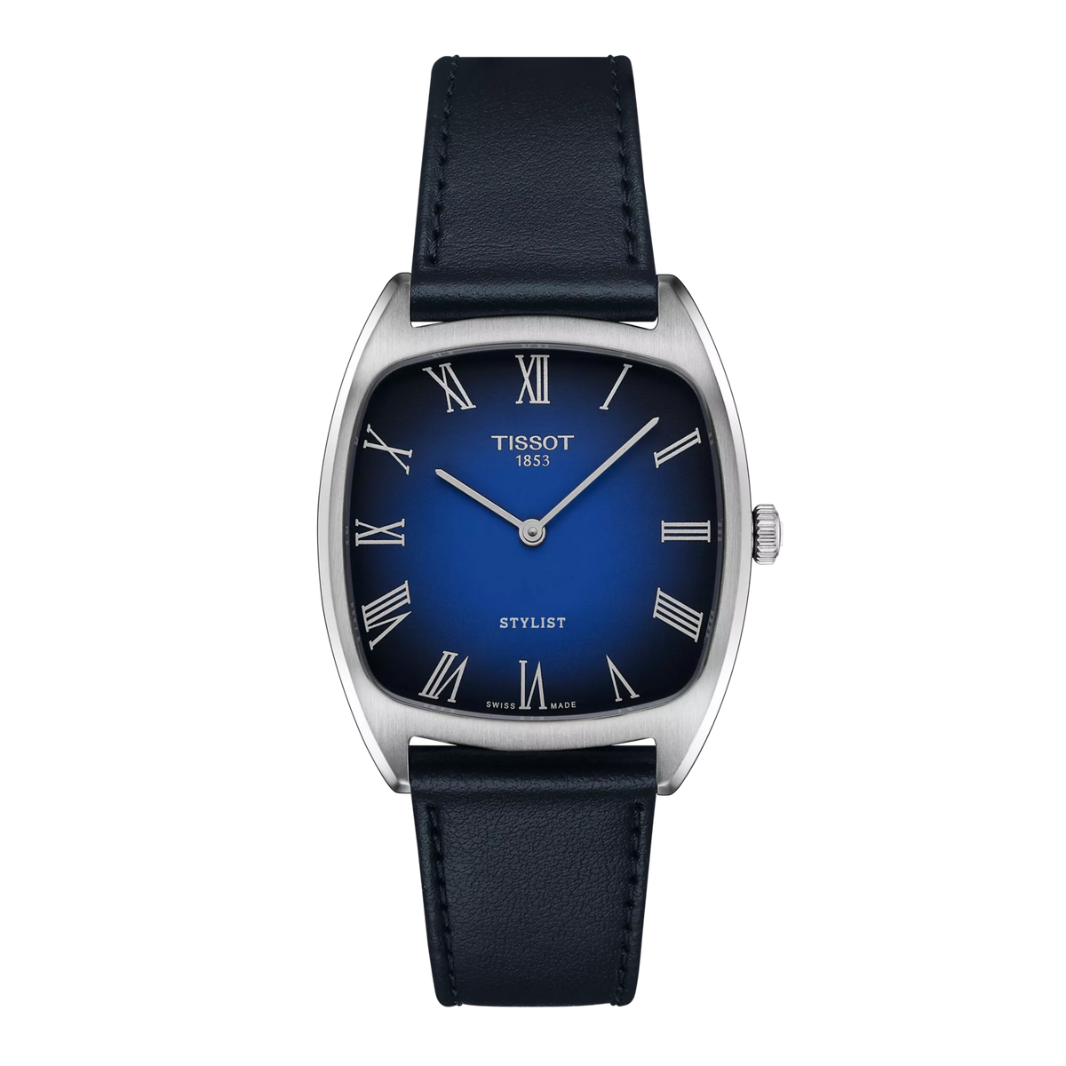 Reloj Tissot Stylist con caja rectangular plateada, esfera azul y correa de cuero negra.