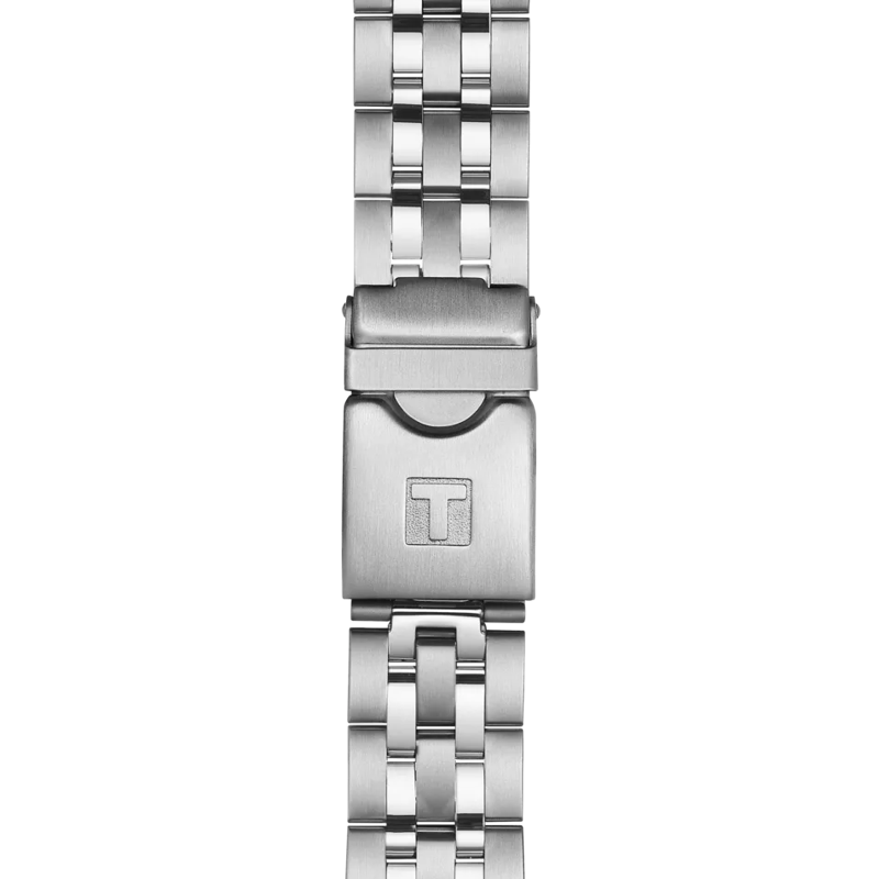 Close-up van de roestvrijstalen Tissot PRC 200 Chronograaf armband met vouwsluiting, een gegraveerd T-logo en een geborstelde metalen afwerking. Voorzien van 20ATM waterbestendigheid voor verbeterde duurzaamheid.