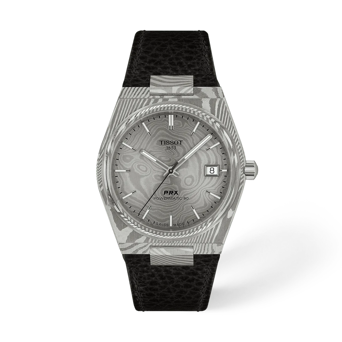 Reloj Tissot de acero damasco de 38 mm con esfera plateada y correa de cuero negra.
