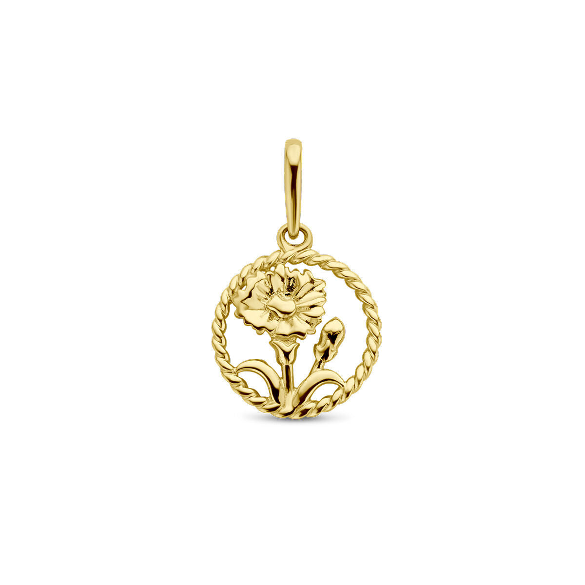 Colgante de flor de nacimiento en oro amarillo de 14 quilates con diseño en relieve.