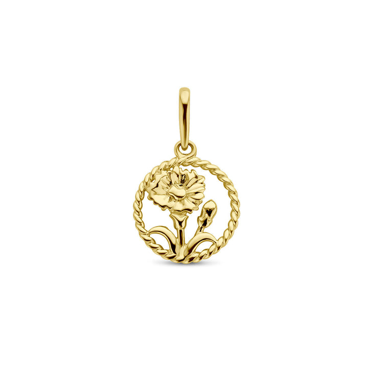 De hanger met geboortebloem 14K geelgoud uit de Van der Kooij Collectie heeft een gedetailleerde anjer en knop in een gedraaide touwcirkel, met klein oogje om aan je ketting te hangen.