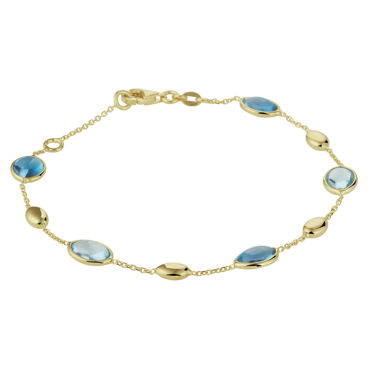 Pulsera dorada de 14K con topacios azules y london blue, con eslabones ovalados.