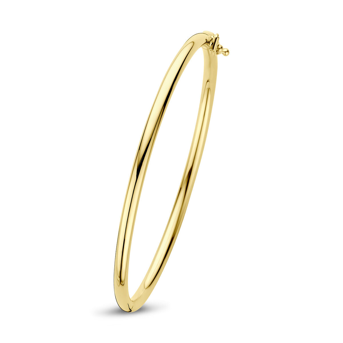 Brazalete de tubo redondo en oro amarillo de 14 quilates con cierre de bisagra.