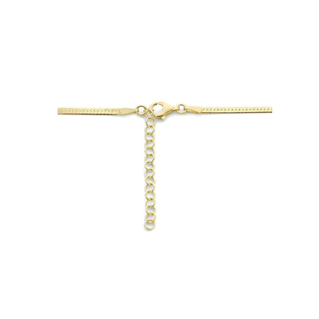 De Van der Kooij Collectie collier slang plat 2,0 mm 40 + 4 cm, 3 micron geel zilver verguld, heeft een lobster claw sluiting en verstelbare extender. Elegant gepresenteerd op een witte achtergrond.