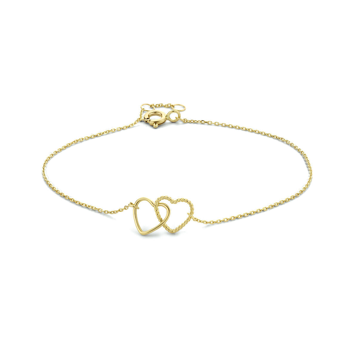 Pulsera de 14K en oro amarillo con dos corazones entrelazados.