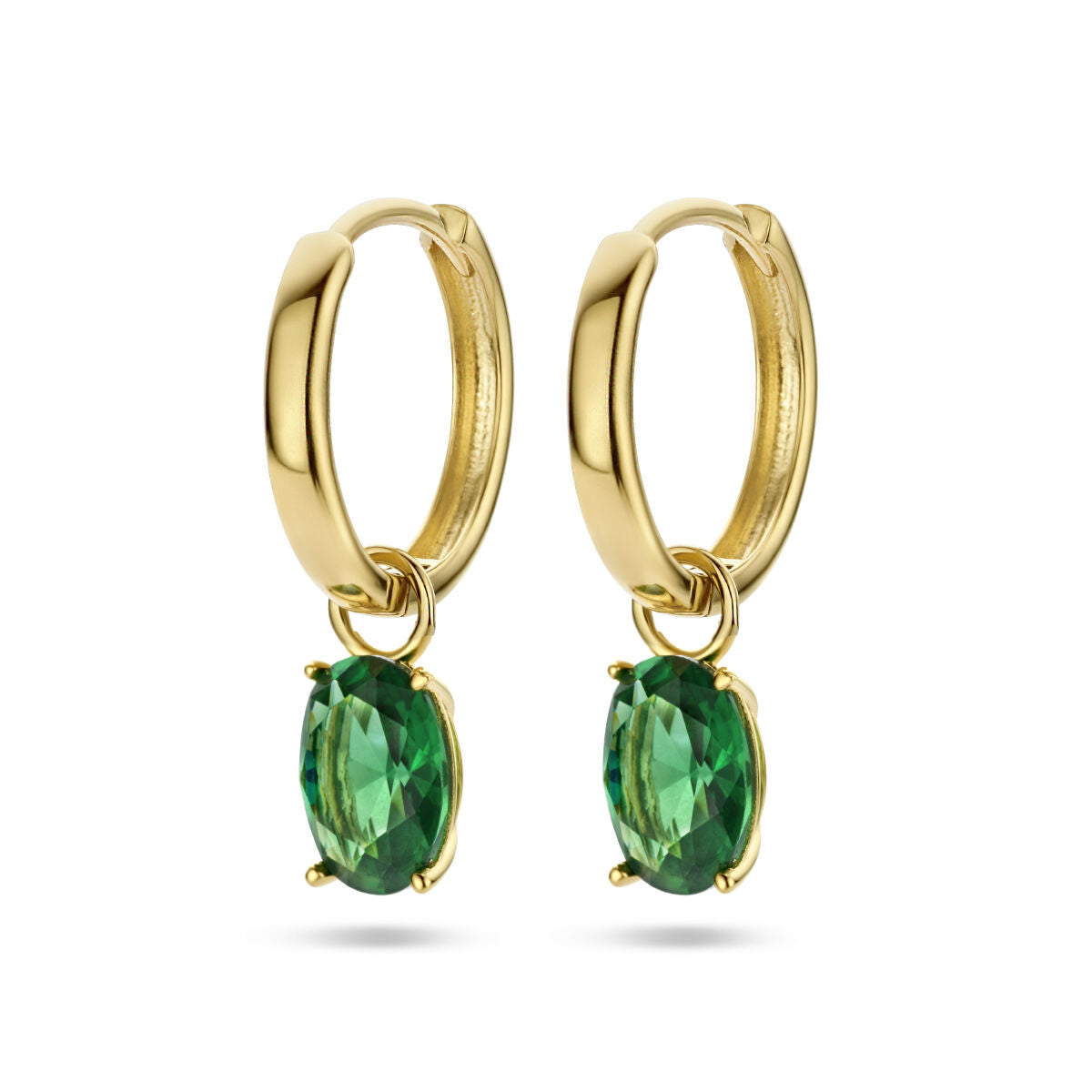 Pendientes de aro en oro amarillo de 14K con colgante de zirconia verde.