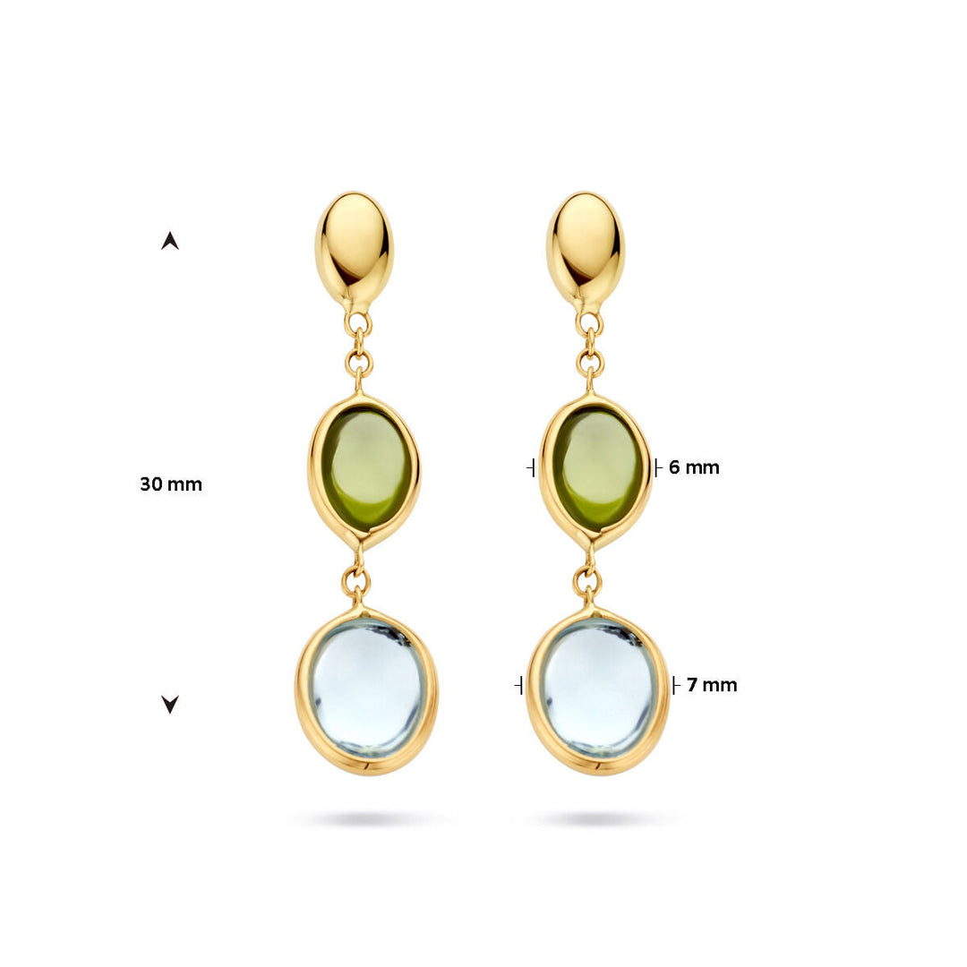 Van der Kooij Collectie oorhangers blauw topaas en peridot 14K geelgoud: elk met een ovale peridot boven een grotere ovale blauw topaas, lengte 30 mm, steen 6 mm ras, blauwe steen 7 mm ras.