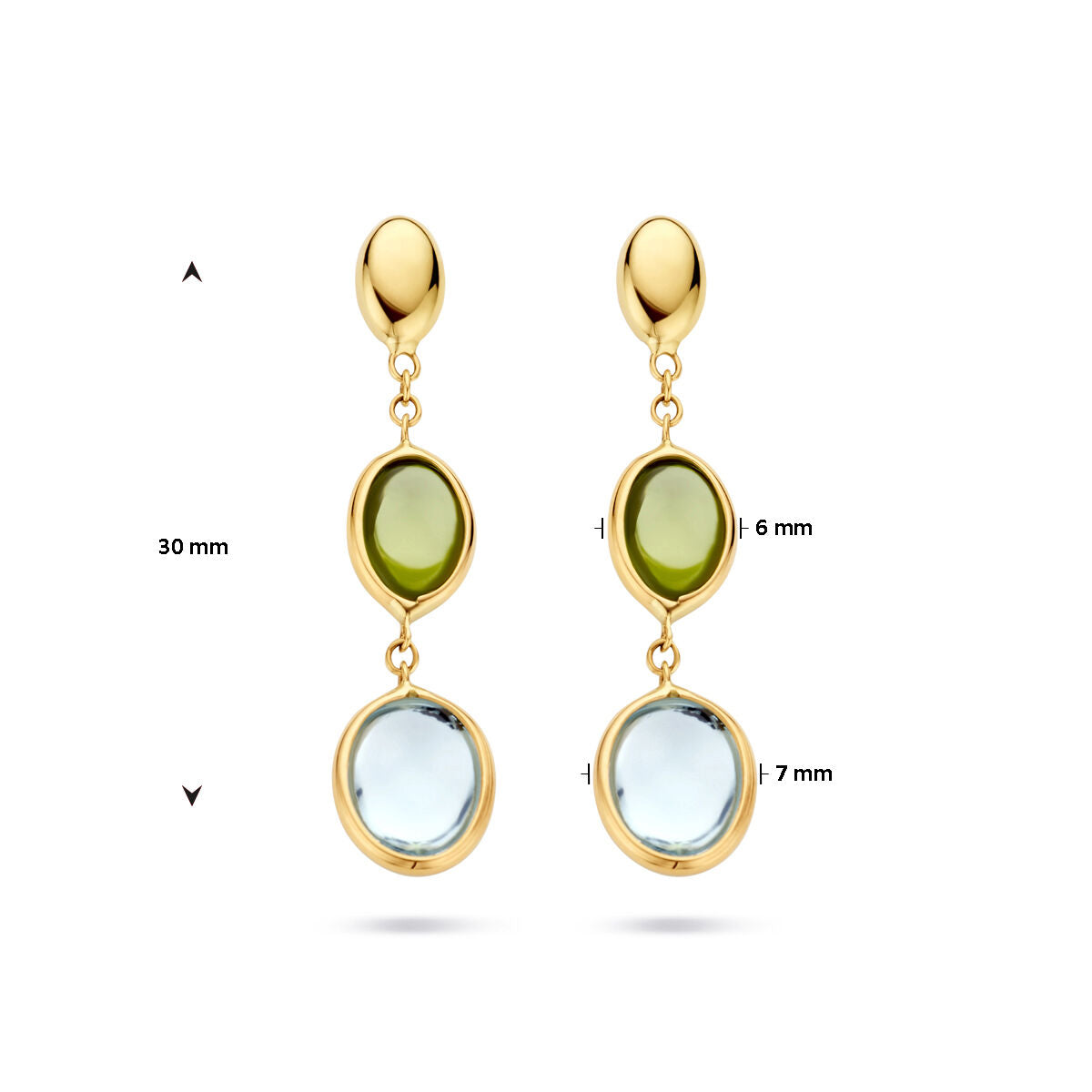 Van der Kooij Collectie oorhangers blauw topaas en peridot 14K geelgoud: elk met een ovale peridot boven een grotere ovale blauw topaas, lengte 30 mm, steen 6 mm ras, blauwe steen 7 mm ras.