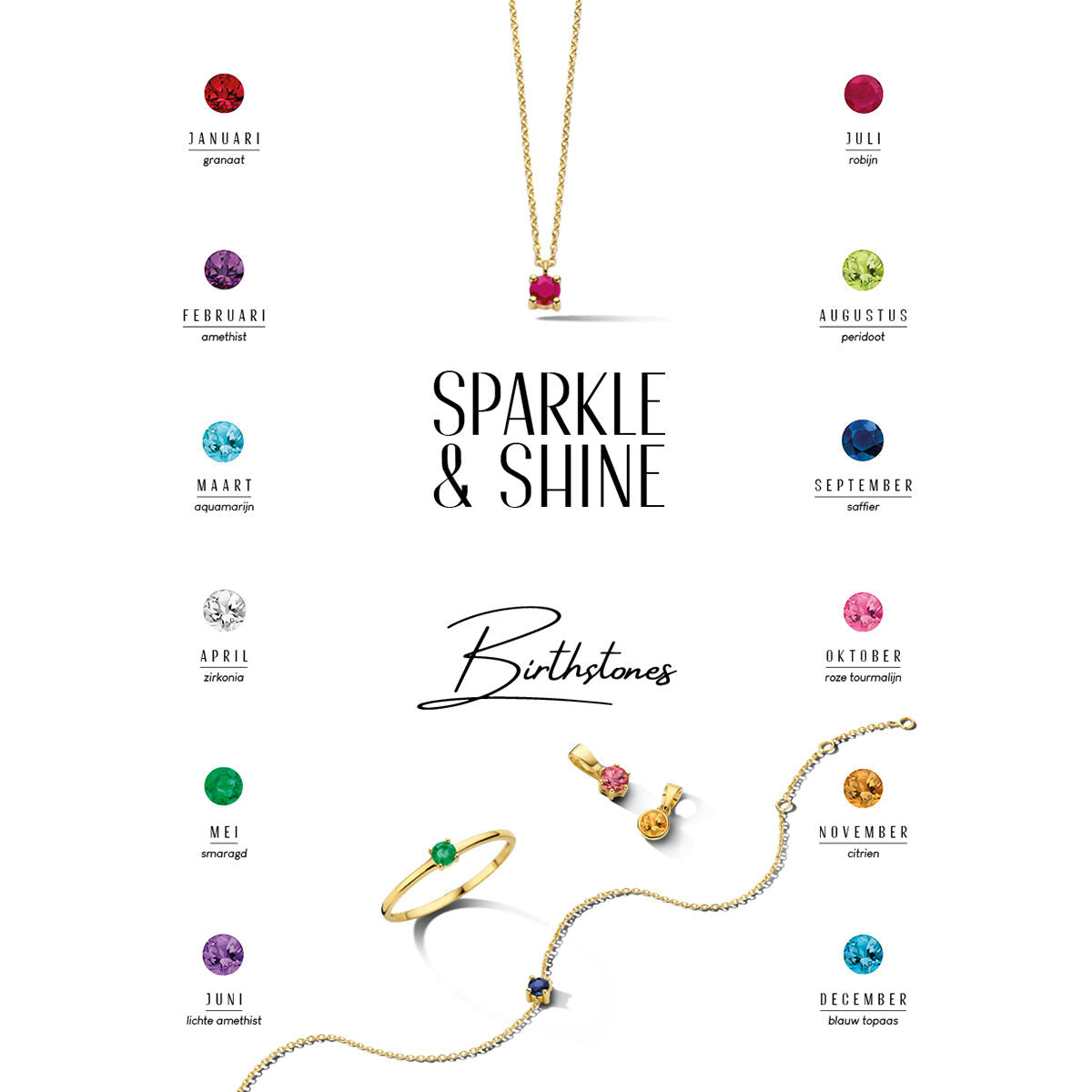 Muestra de la colección 'Sparkle & Shine 2023' con piedras de nacimiento y joyas variadas.