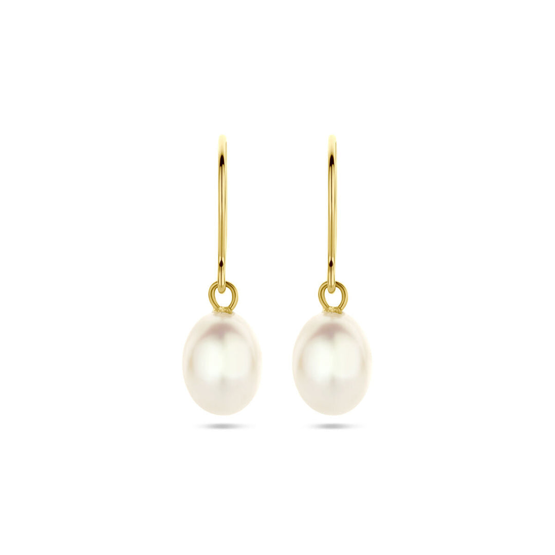 Een paar 14K geelgouden oorhangers franse haak parel 24 mm van Van der Kooij Collectie, elk met een witte parel, afgebeeld op een effen witte achtergrond.